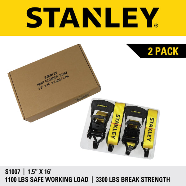STANLEY S1007 Black/Yellow 1.5" x 16' Ratchet Tie Down Straps - 1,100 lb Safe Working Load / 3,300 lb Break Strength, 2 Pack