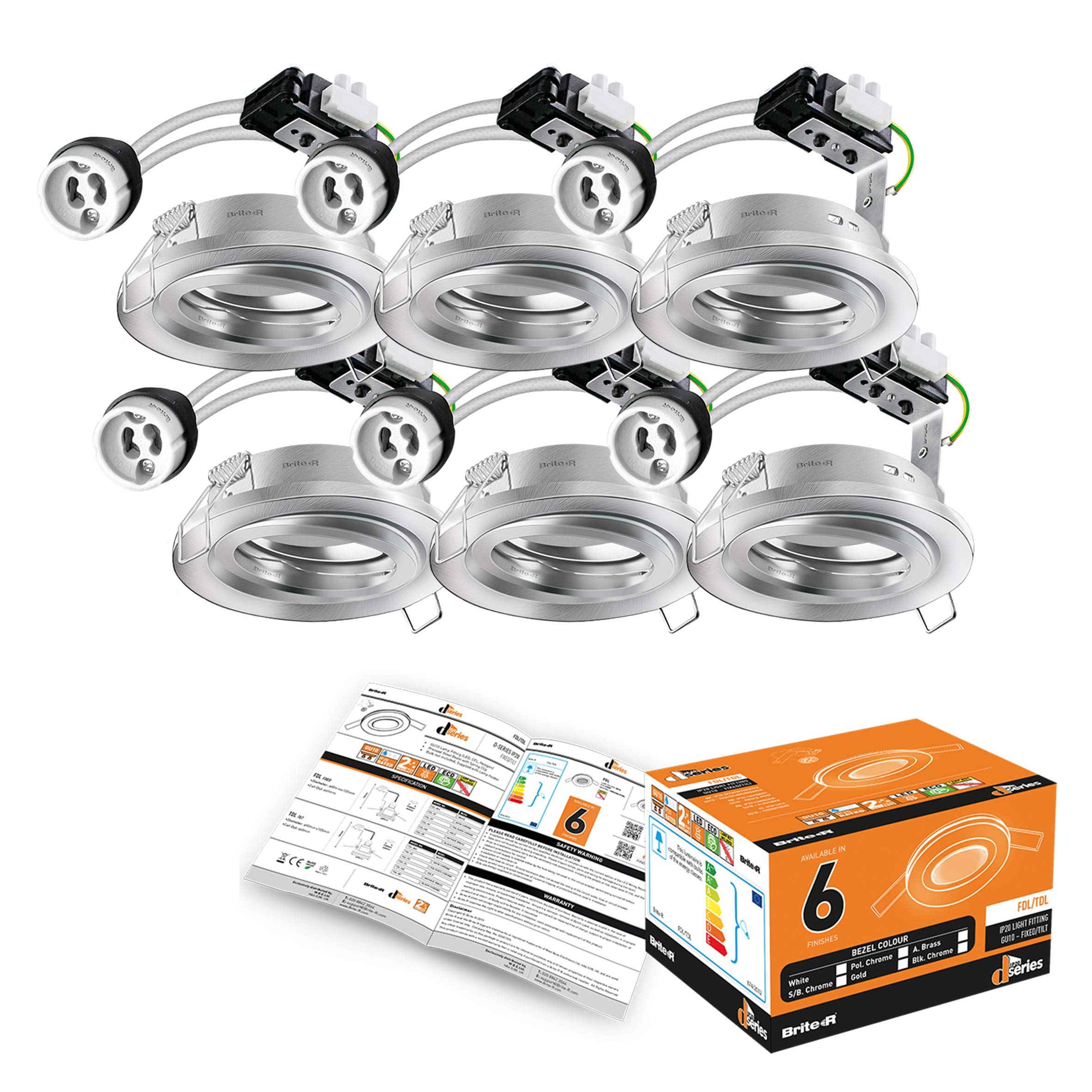 6X GU10 Tilt Swivel Downlight Satin Chrome Brite-R LED Spotlight Recessed Ceiling Light Fitting Pressed Steel IP20 Rated Halogen Compatible CE