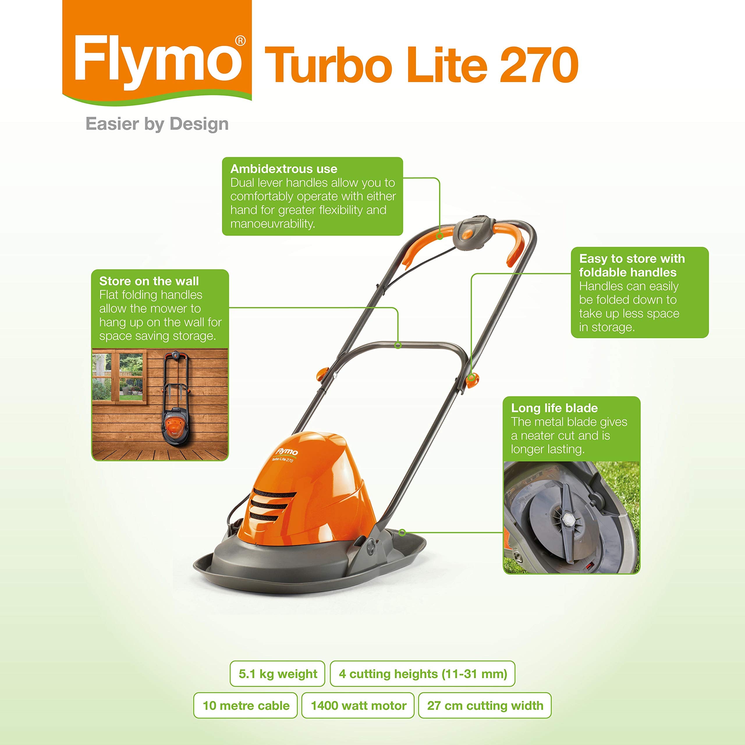 Flymo Turbo Lite 270 Electric Hover Lawn Mower, 1400W, 27cm Cutting Width