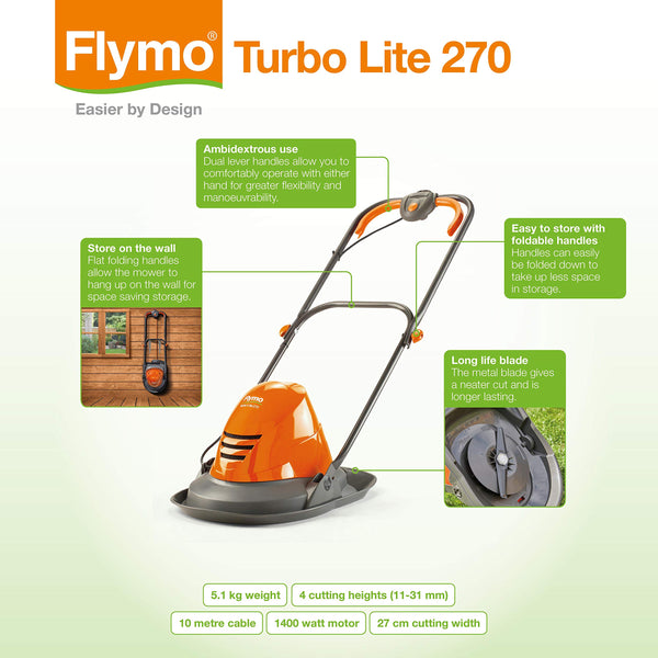 Flymo Turbo Lite 270 Electric Hover Lawn Mower, 1400W, 27cm Cutting Width
