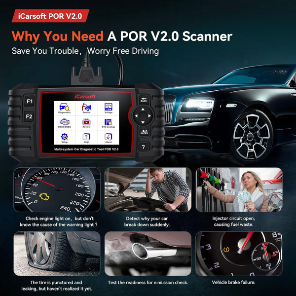 iCarsoft POR V2.0 OBD Diagnostic Tool for Porsche/Cayenne, Full Systems Diagnostic Scan Tool, OBD2 Scanner with 9 Reset Services, Oil/SAS/EPB/BMS/ETC/DP-F/BLD/INJ/TPMS, Battery Test, Free Upgrade
