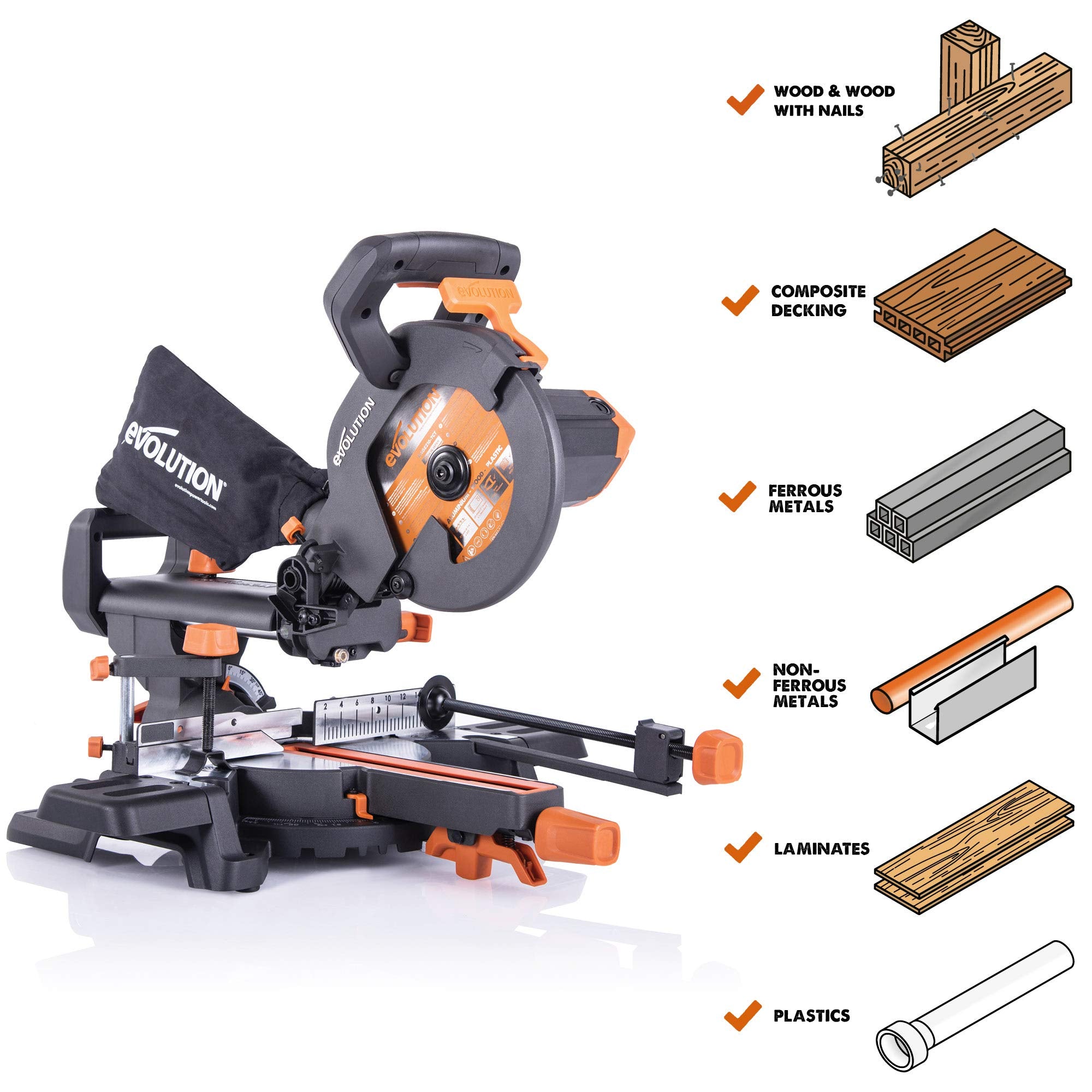 Evolution Power Tools R210SMS+ Sliding Mitre Saw With Multi-Material Cutting, Cuts Wood, Metal, Plastic & More, 45° Bevel, 50° Mitre, 230mm Slide, 1500 W (230 V)