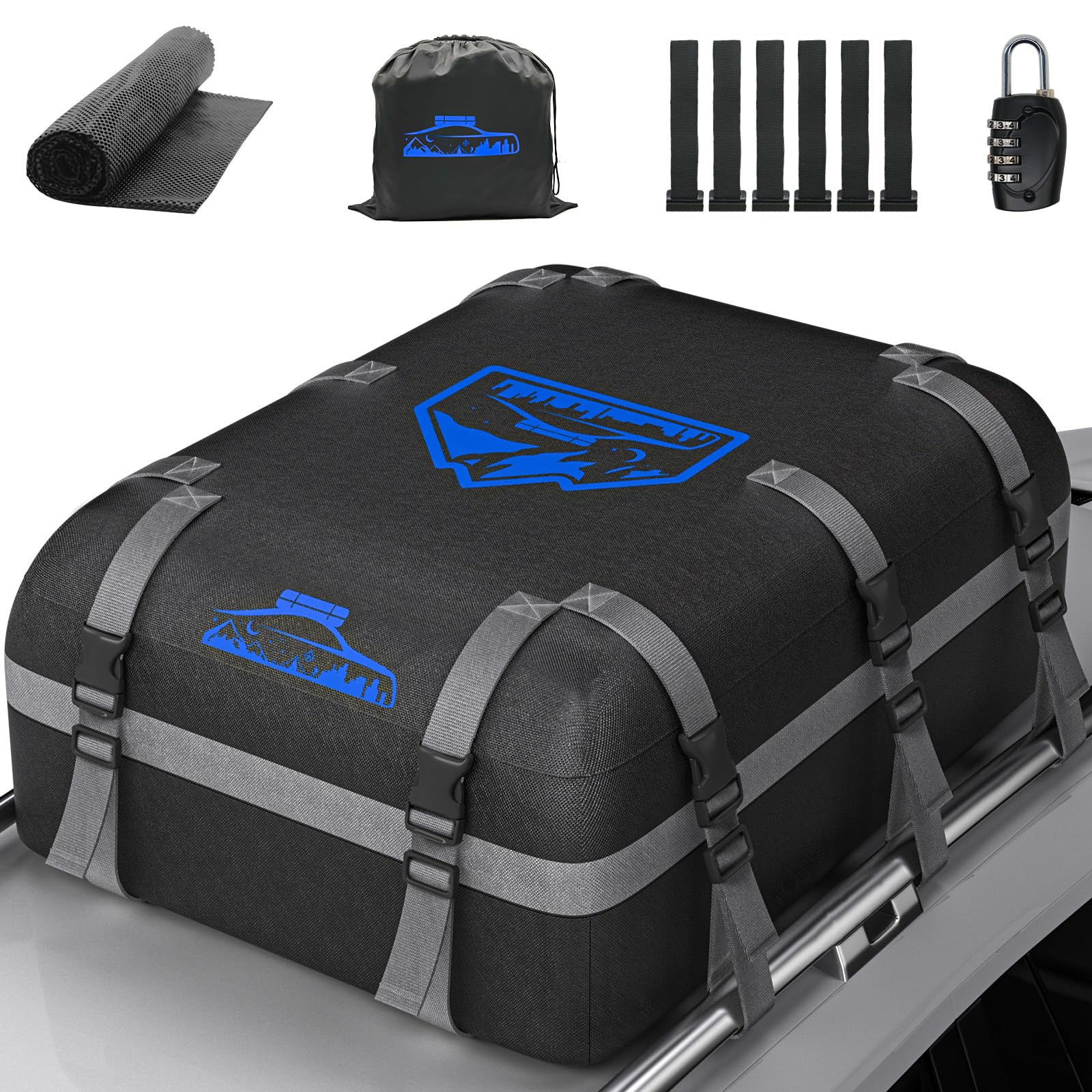 BOYUJK Car Roof Bag - 20 Cubic/566L, Waterproof, No Rack Needed, Anti-Slip Mat & 6 Heavy-Duty Straps, Folding Soft Roof Box (Blue, 566L)