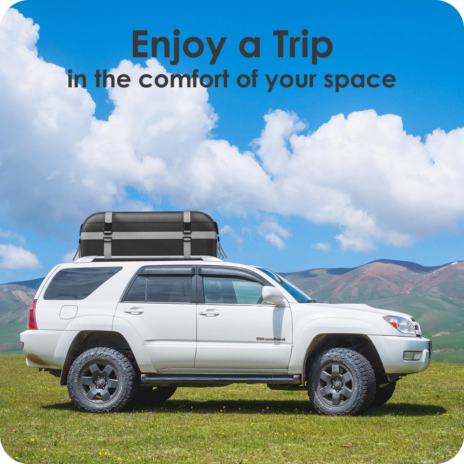 Rymopuey Roof Bag 15 Cubic/425 L, Waterproof Car Roof Bag No Rack Needed, Roof Box with Anti-Slip Mat and 6 Heavy-Duty Straps, Folding Soft Car Roof Box for Cars with/Without Rack (Blue 425 L)