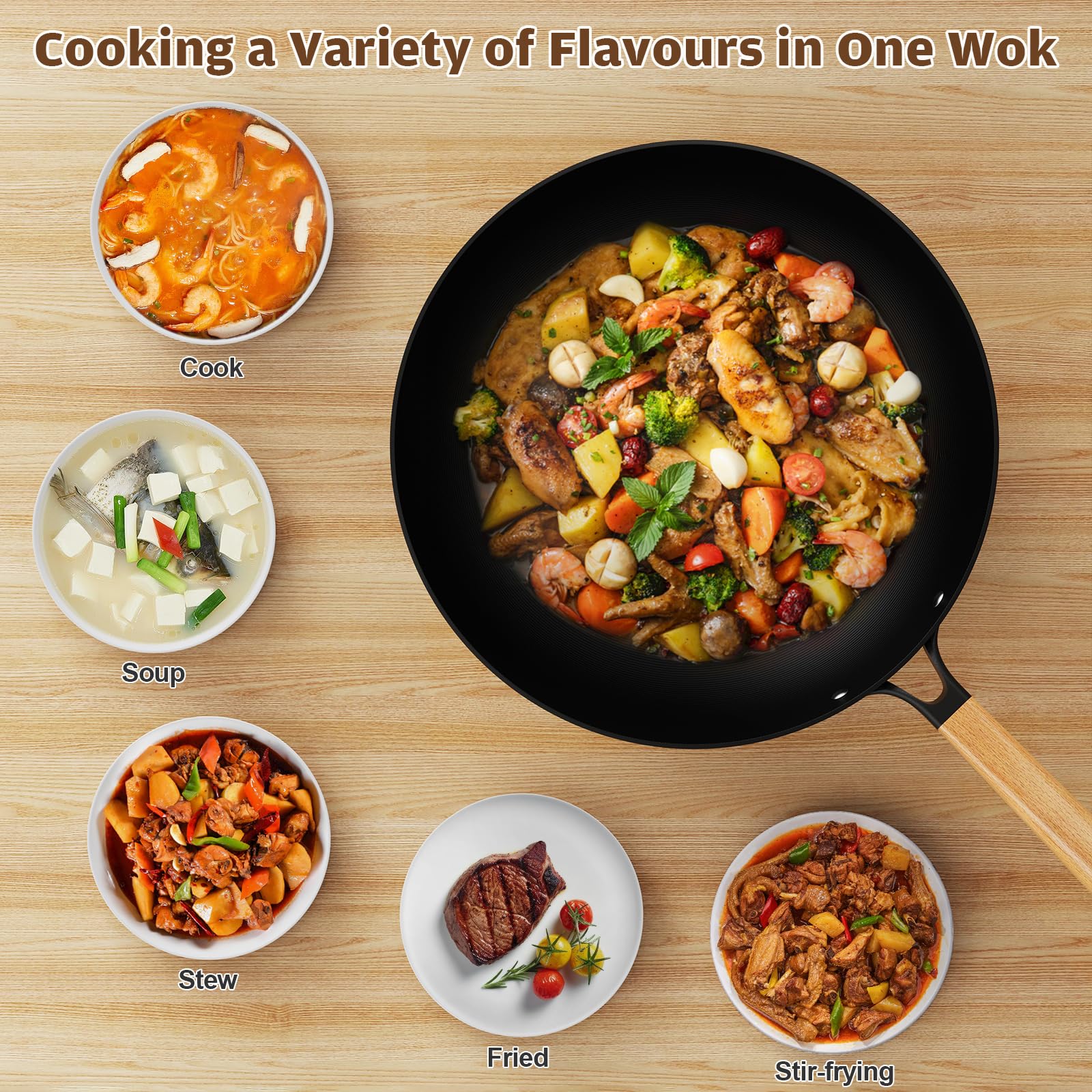 Jobin Wok with Lid Non Stick  30cm Carbon Steel Wok for Everyday Cooking  Frying Pan Ideal for 3-5 People for Induction, Gas, All Hobs