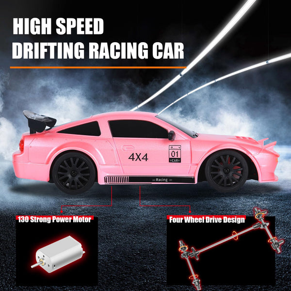 iBlivers Mini RC Drift Car with Full Proportional Throttle, 1:24 Remote Control Car 4WD Drift GT-RX7 RC Cars Vehicle High-Speed Racing RC Drifting Car Gifts Toy for Boys Kids (Pink)