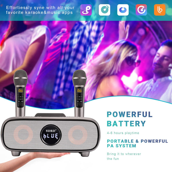 Upgrade Karaoke Machine for Adults and Kids,Portable Bluetooth 2 UHF Wireless Karaoke Microphone with Holder/USB/TF Card/AUX-in,PA Speaker System for Home Party, Picnic,Car,Outdoor/Indoor-Grey