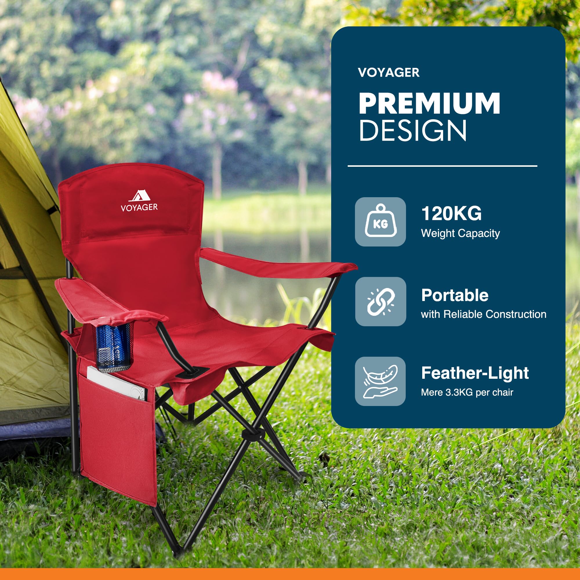 Voyager Folding Camping Chairs 2 Pack with Cooler Bag, Lightweight Q195 Steel Frame, 600D Oxford Fabric, Portable & Comfortable - Black (Black, Padded)