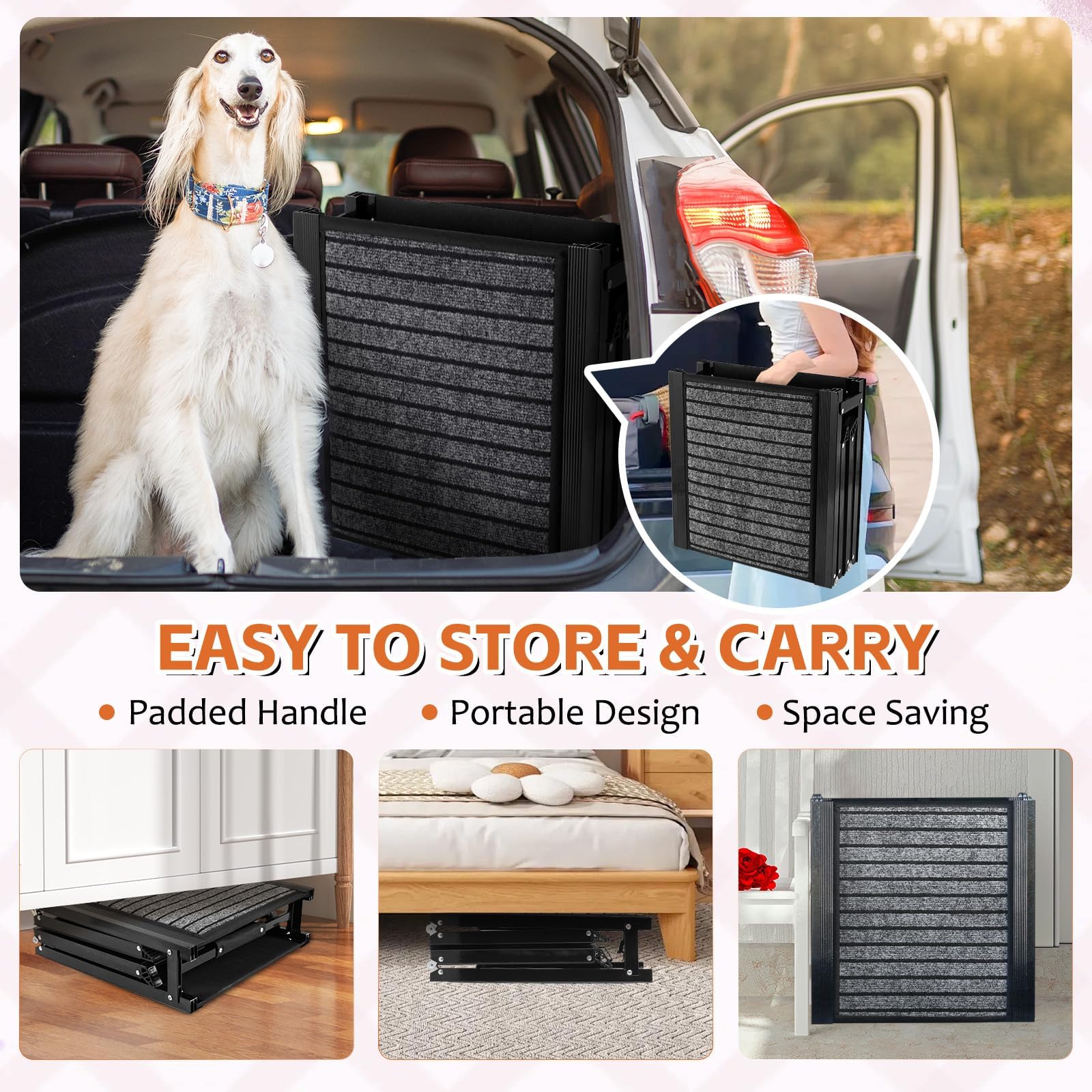 170cm Long Dog Ramp for Cars,43cm Wide Folding Dog Ramp for Large Dogs with High Traction Carpet Surface,Non-slip for Truck,SUV,Portable Pet Ramp Stairs for Medium Large Dog Up to 100kg