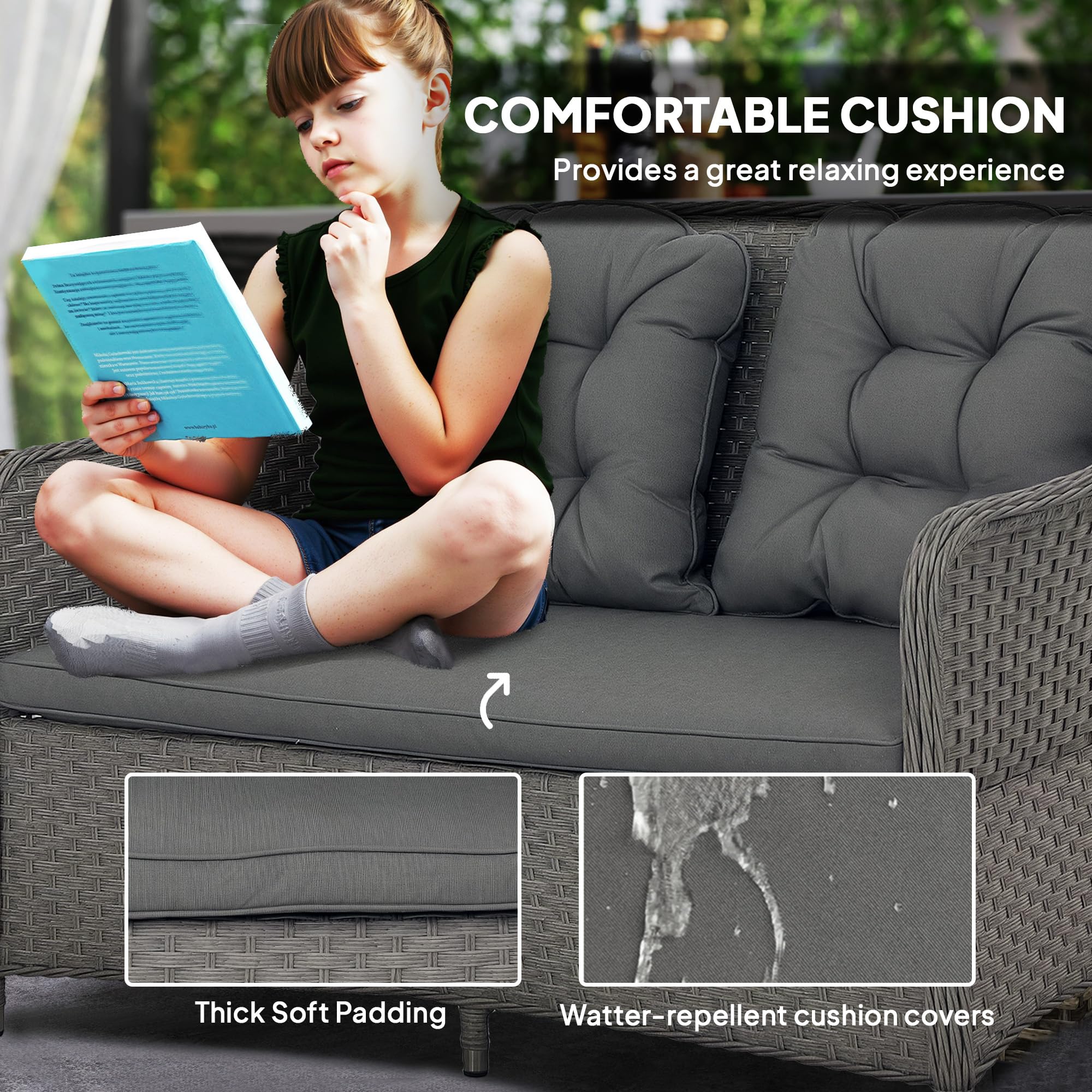 Outsunny 4 Pieces Rattan Garden Furniture Set, Round Wicker Garden Sofa Set with Loveseat, Armchairs and Glass Top Table, Outdoor Conservatory Furniture with Cushions for Patio, Balcony, Light Grey