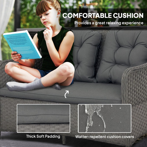 Outsunny 4 Pieces Rattan Garden Furniture Set, Round Wicker Garden Sofa Set with Loveseat, Armchairs and Glass Top Table, Outdoor Conservatory Furniture with Cushions for Patio, Balcony, Light Grey