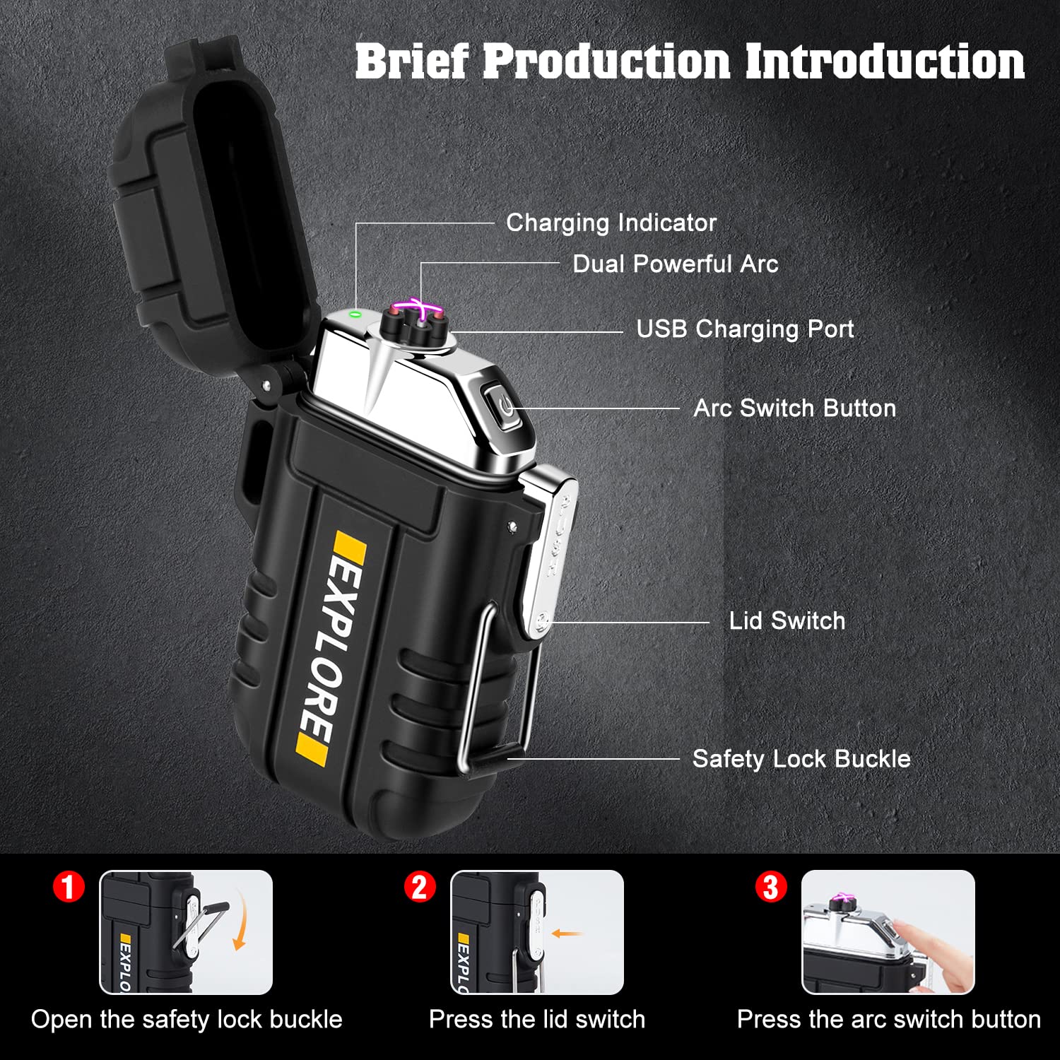 Electric Lighter Rechargeable USB, Electronic Plasma Arc Lighter Windproof and Waterproof for Hiking, Camping, Outdoor, Survival, Tactical, EDC Gear, Gifts for Him Men (Black)