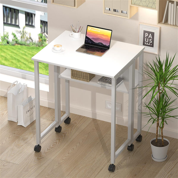 GreenForest Small Folding Desk with Storage Shelf,63 cm Computer Rolling Desk on Wheels Easy Assembly,Foldable desk for Small Space,White