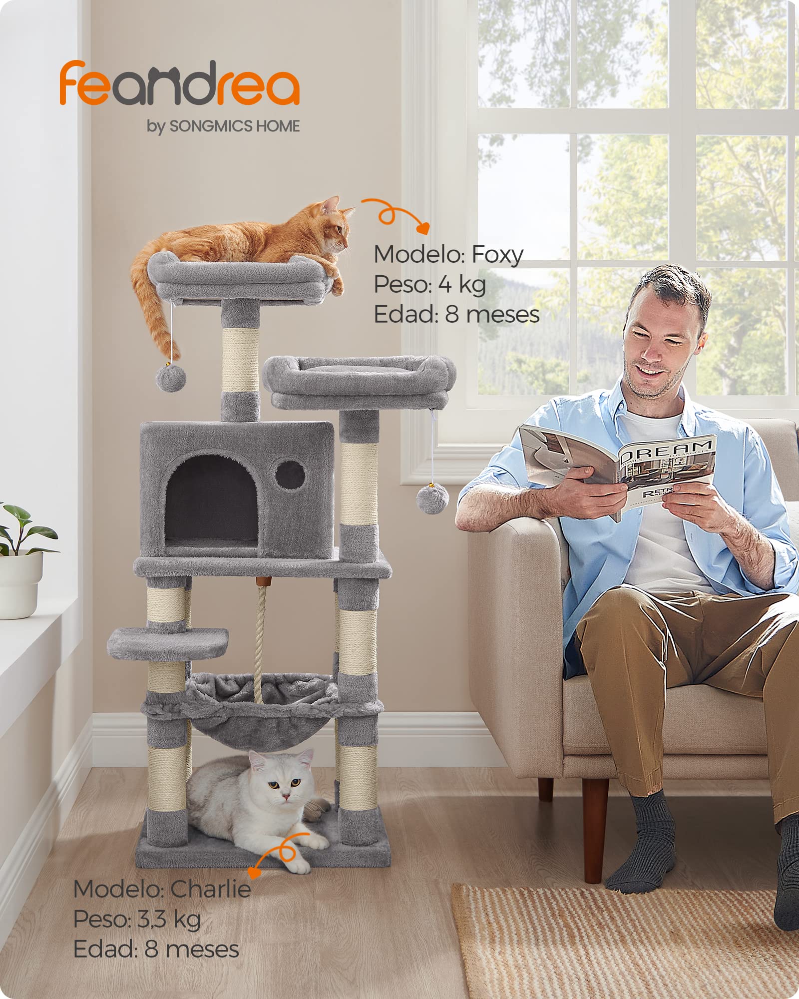 Feandrea Cat Tree, 112 cm Cat Tower for Indoor Cats, Multi-Level Plush Cat Condo with 11 Scratching Posts, Perches, Cave, Hammock, Pompoms, Light Grey