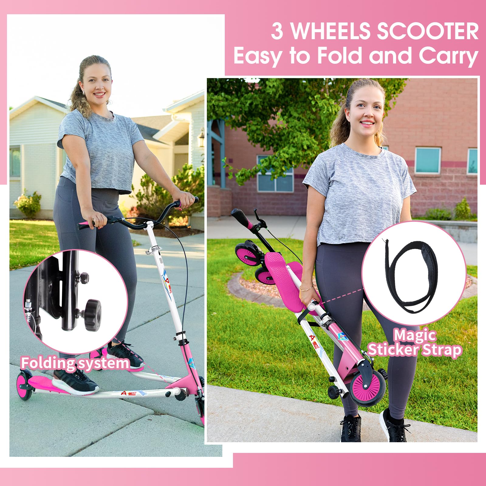 AOODIL Swing Scooter Adjustable 3 Wheels Foldable Wiggle Scooter Self Drifting for Kids/Adult Age 6 Years Old and Up (Pink)
