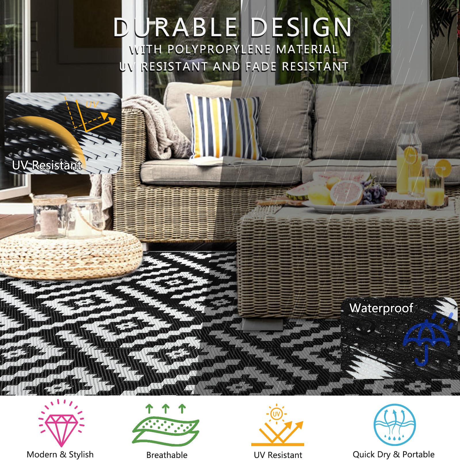 Cekene Large Outdoor Rug Waterproof Black 245x305cm Patio Rugs Reversible RV Camping Mat Lightweight Plastic Portable Outdoor Carpet for Picnic Porch Deck Backyard BBQ Beach