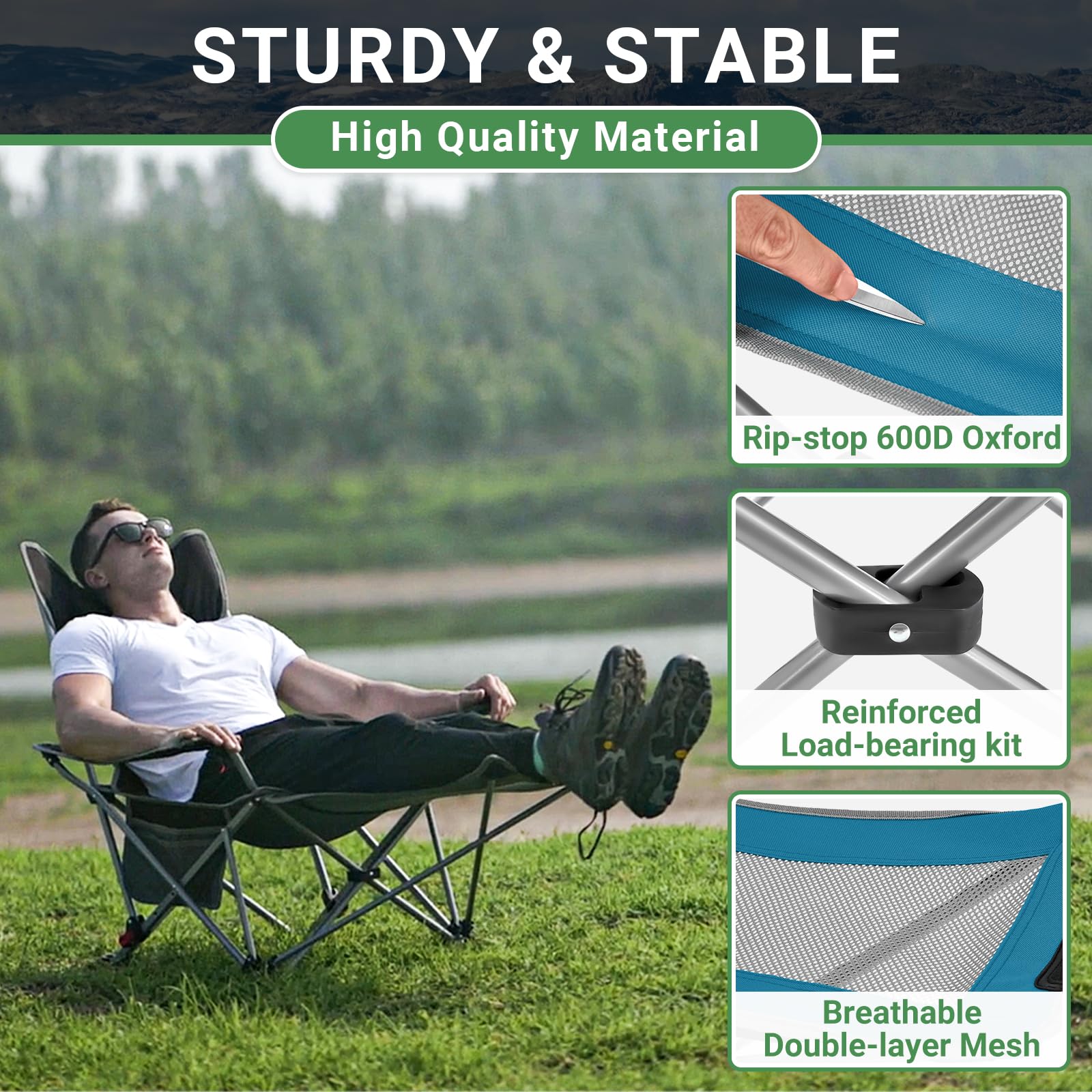 #WEJOY Camping Chairs Folding Recliner Chair Adjustable with Detachable Footrest Headrest Cup Holder Lightweight Portable Reclining Camp Chair Fold Up Chair for Outdoor Beach Garden, Cyan Set of 2