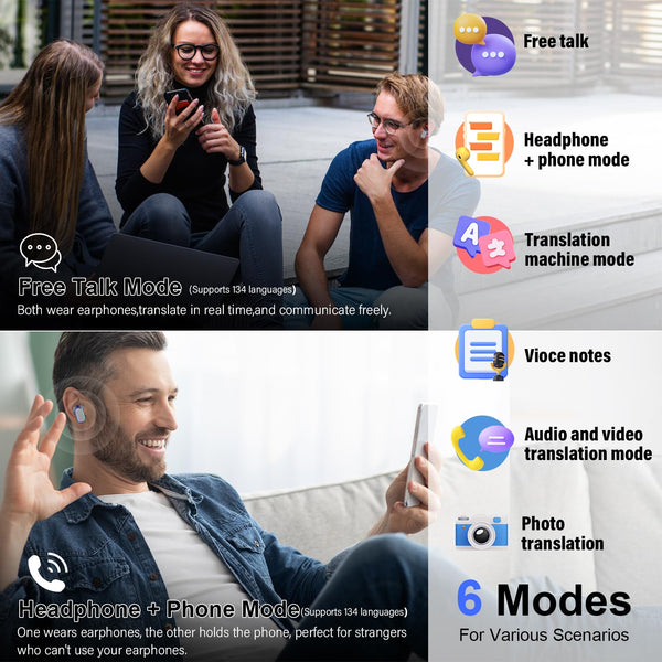 AI Language Translation Earbuds, 3-in-1 Bluetooth 5.4 Translator Headphones with 164 Real Time Languages, 40H Ear Buds with Mic and AI APP, 7 Translation Modes Ideal for Business Learning, Black