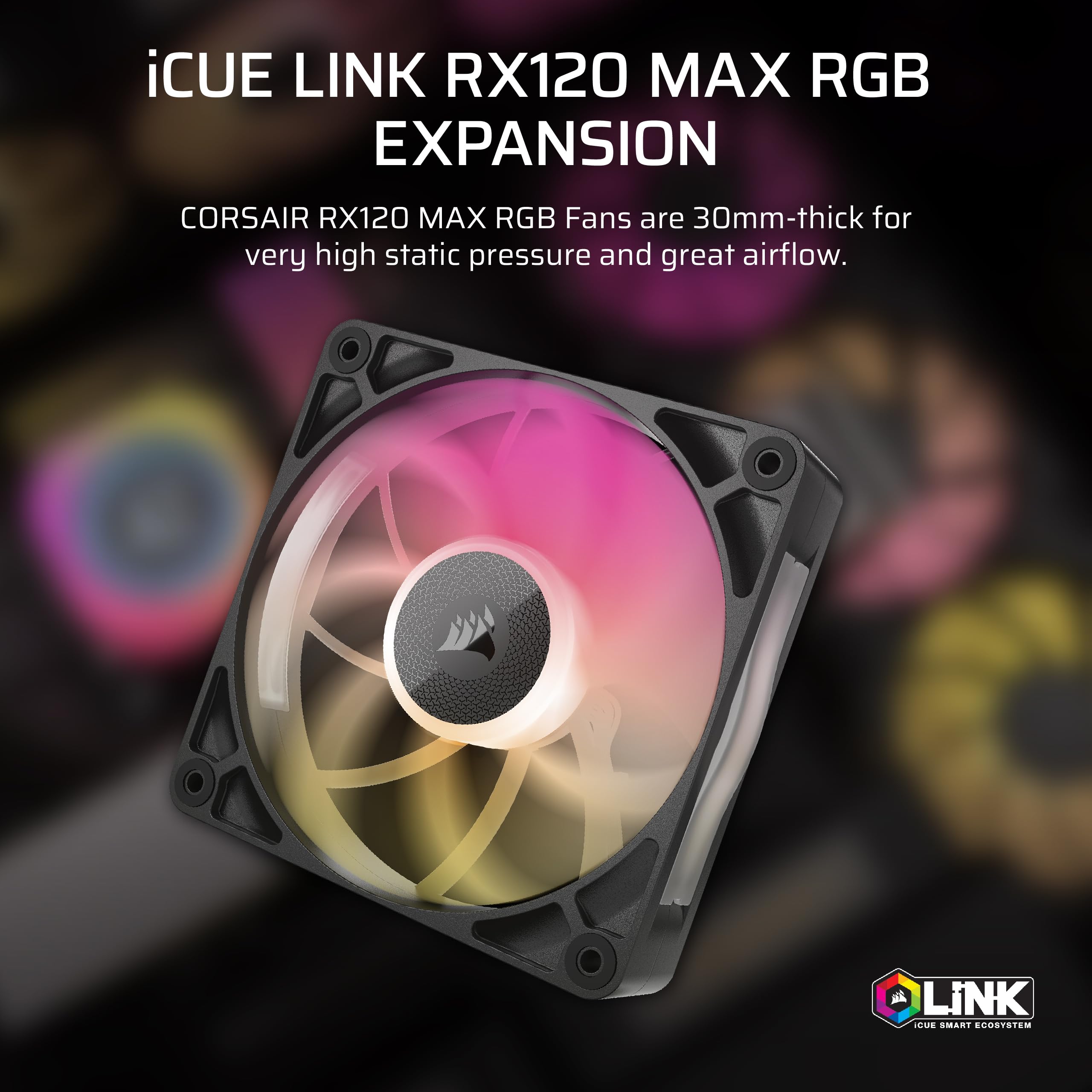 CORSAIR iCUE LINK RX120 MAX RGB 120mm PWM Thick Fans with iCUE LINK System Hub – High-Static Pressure – Magnetic Dome Bearing – Triple Pack – White