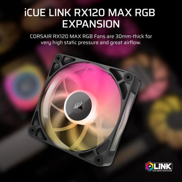 CORSAIR iCUE LINK RX120 MAX RGB 120mm PWM Thick Fans with iCUE LINK System Hub – High-Static Pressure – Magnetic Dome Bearing – Triple Pack – White