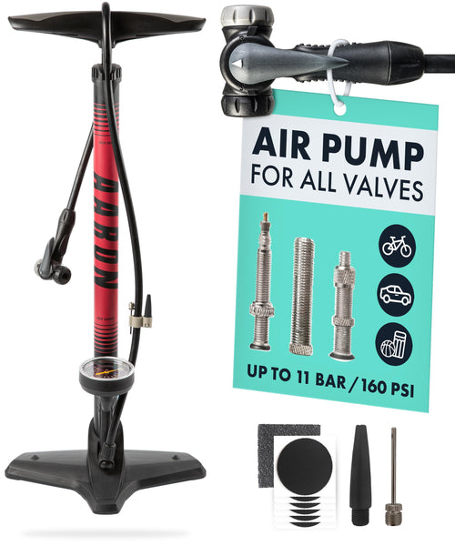 AARON - Sport One Bike Floor Pump with Pressure Gauge - Suitable for all Valves - High-Pressure Bike Pumps Incl. Ball Attachment - Pump for E-bike,