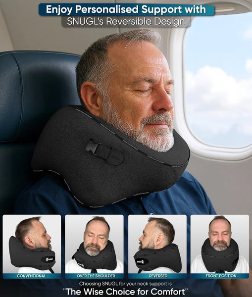 SNUGL Travel Pillow – Memory Foam Neck Pillow for Travel – Support Cushion for Airplane with Carry Bag & Clip - Holiday Essentials (Black - Adult Regular)