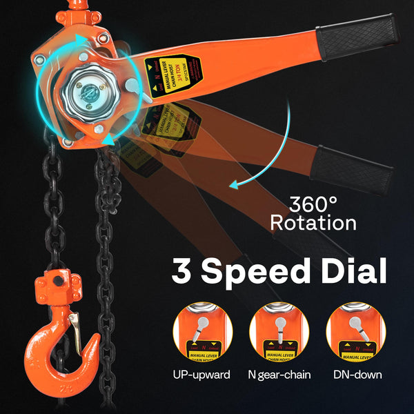 SPECSTAR Hand Chain Hoist 1250kg Capacity 3m with 2 Heavy Duty Hooks Manual Chain Fall for Warehouse Building Automotive Machinery