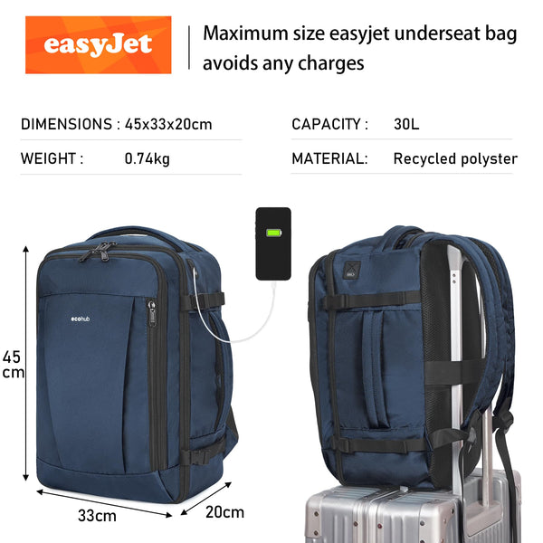 ECOHUB Easyjet Cabin Bag 45x36x20 Underseat Backpack Travel Rucksack 13 Pocket Hand Luggage Waterproof Recycled PET Eco Friendly Carry On Bag for Women & Men 30L Pink