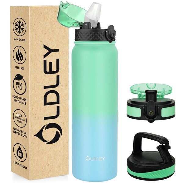 OLDLEY Stainless Steel Water Bottle with Straw 1L Vaccum Insulated Large Drink Flask Metal Water Bottles 1 Litre Leakproof Keep Drinks Hot Cold for Sports Gym with Different Lids(Purple Green, 3 Lids)