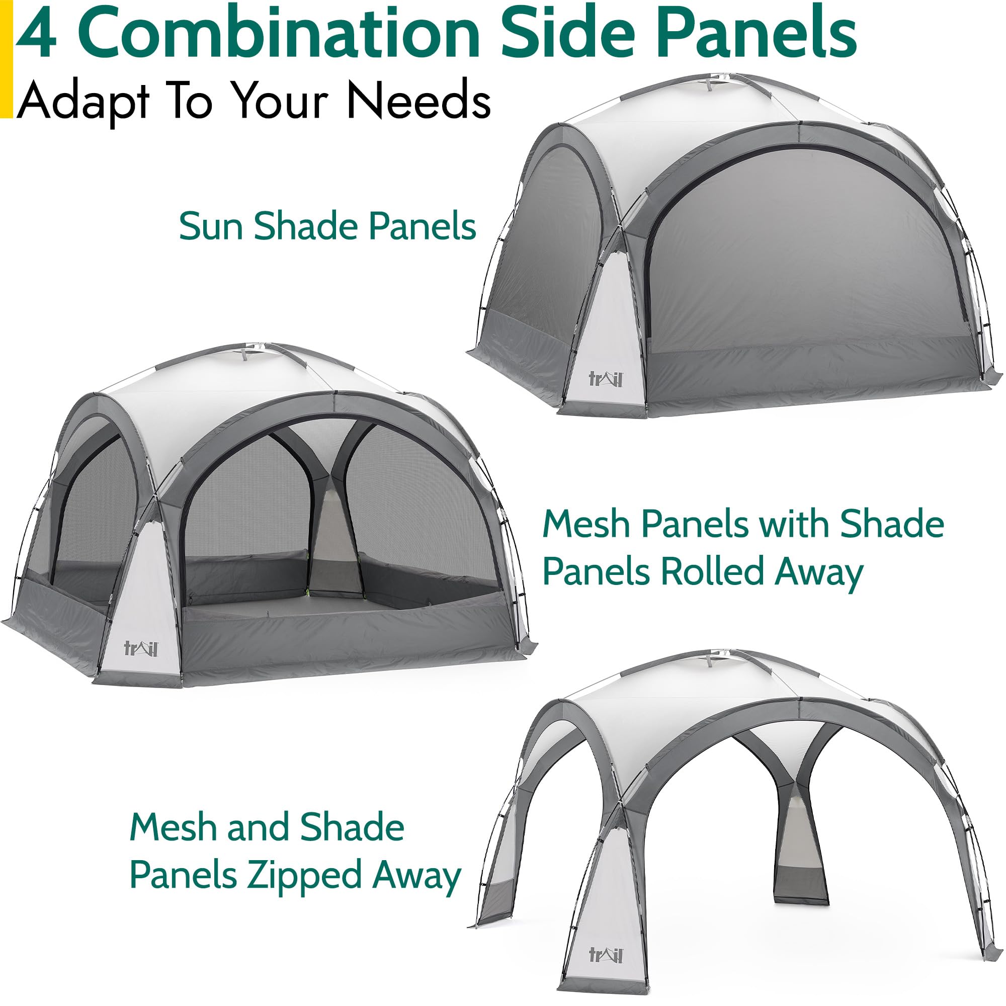 Trail Gazebo with Zip Away Sides, Dome Event Shelter for Outdoor Camping Garden Festival, Waterproof 2000mm, UPF50+ UV Sun Protection, Travel Bag, 3.5m x 3.5m x 2.3m (Grey)