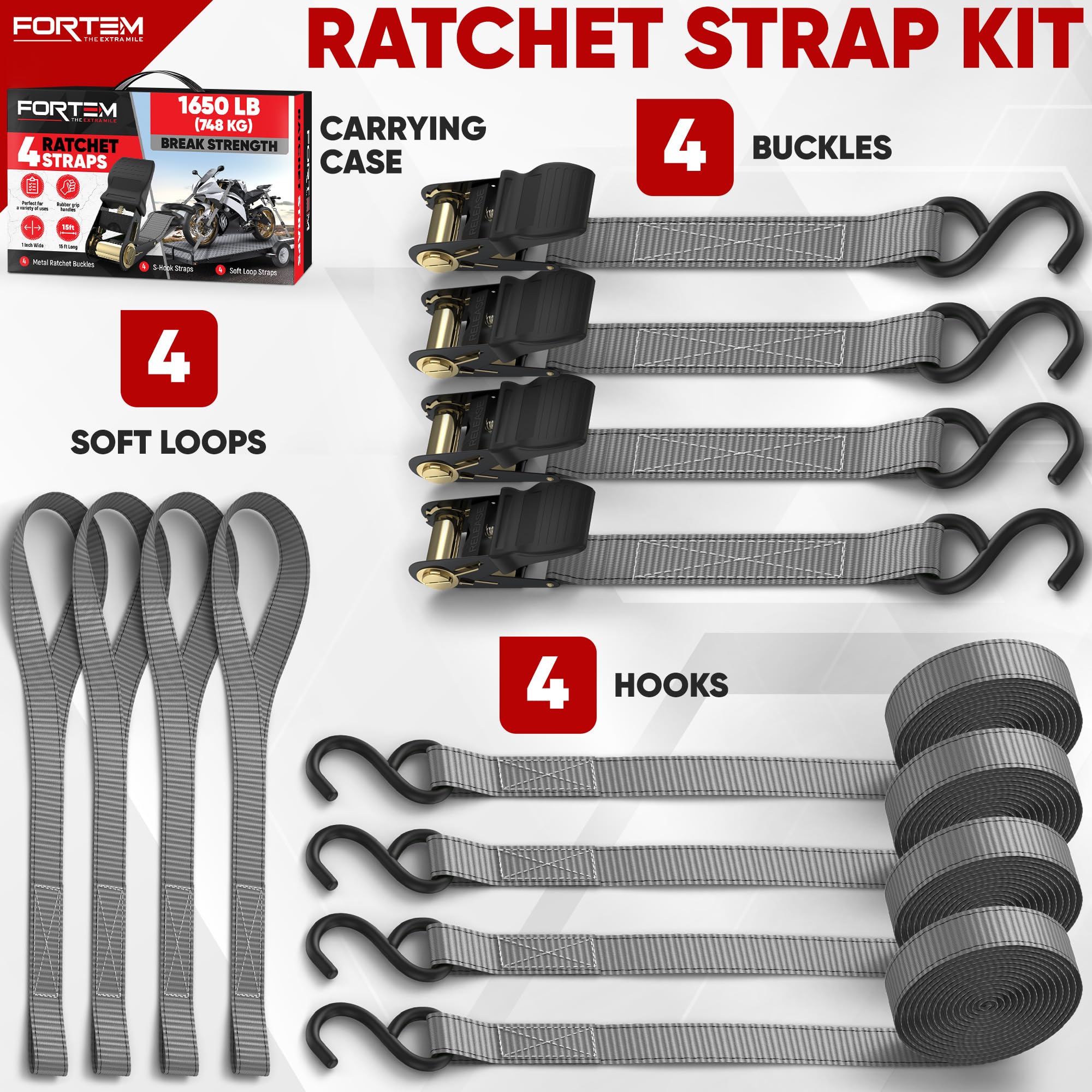 FORTEM Ratchet Straps, 748kg Break Strength, 4 Pack 4.6m x 2.54cm Tie Down Strap Set, 4 Soft Loops, Motorcycle Straps Tie Downs, Cargo Cam Buckles, Rubber Handles, Carry Bag