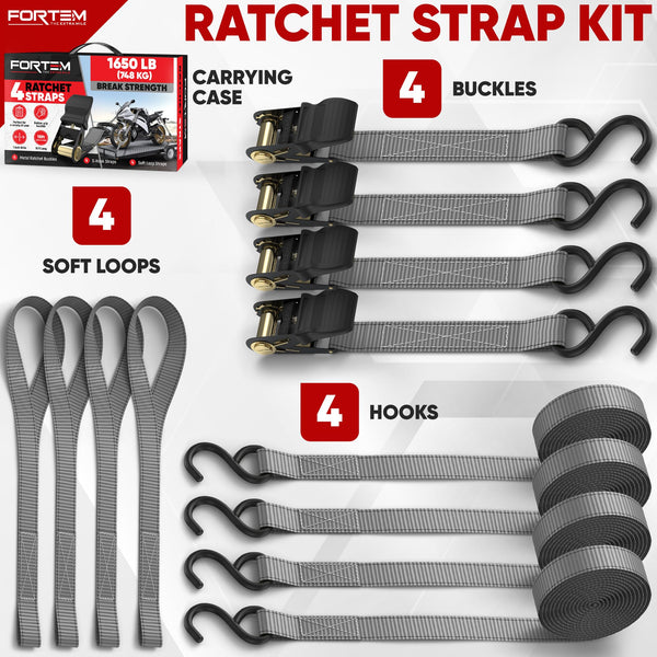 FORTEM Ratchet Straps, 748kg Break Strength, 4 Pack 4.6m x 2.54cm Tie Down Strap Set, 4 Soft Loops, Motorcycle Straps Tie Downs, Cargo Cam Buckles, Rubber Handles, Carry Bag