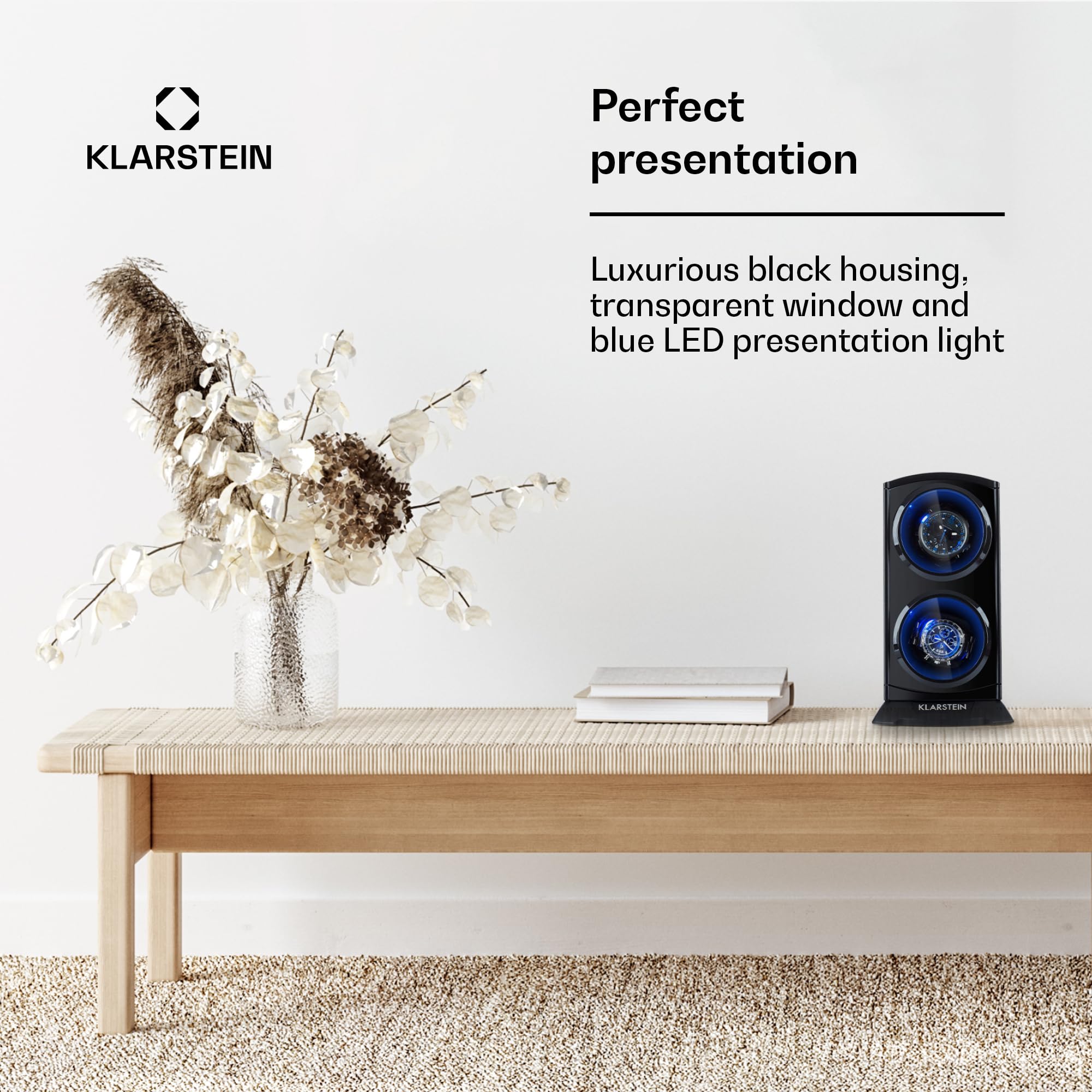 KLARSTEIN St. Gallen Premium - Automatic Watch Winder, Rotator, Holder, Case for 2 Watches, 4 Speeds, Right-Left Running