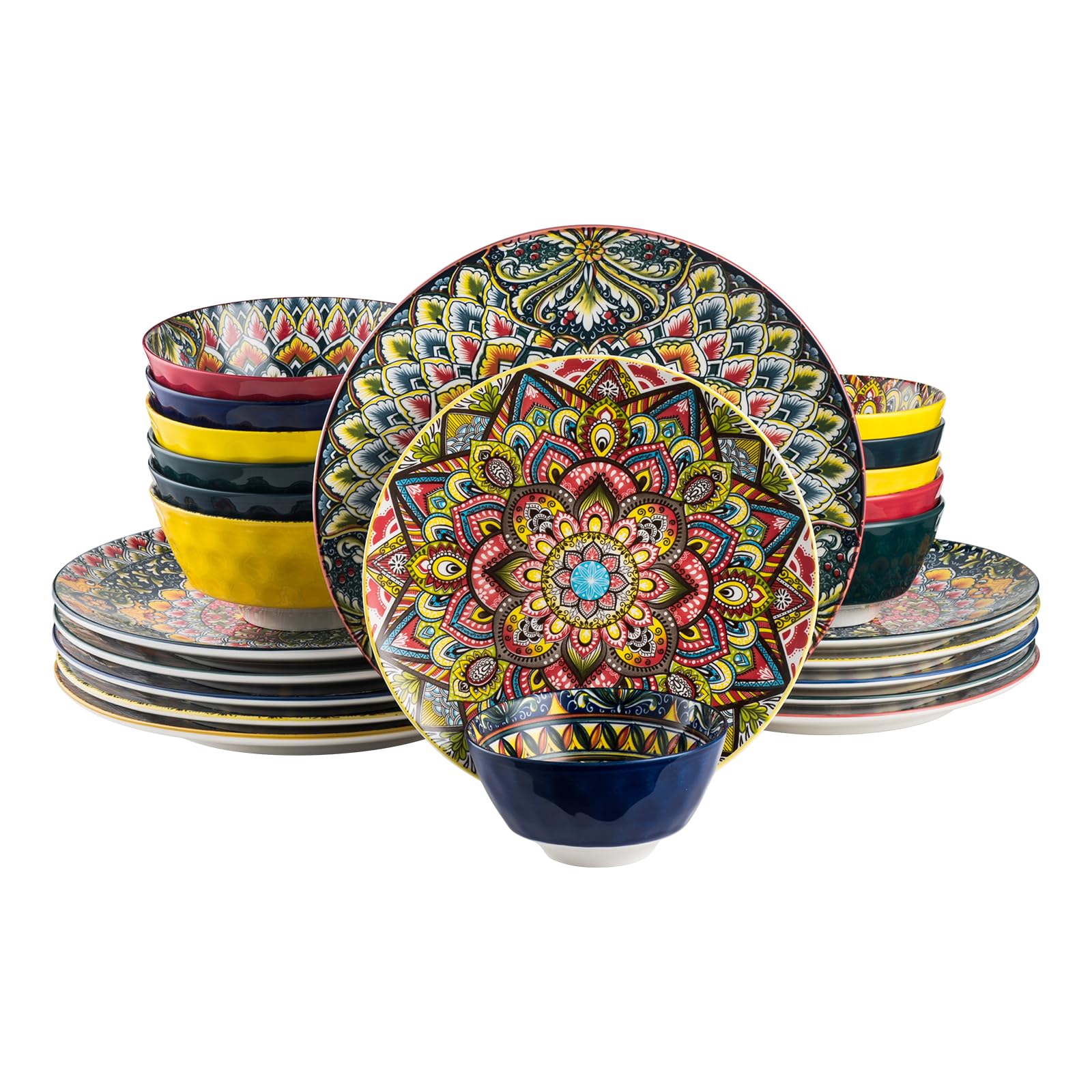 Henten Home Plates Set - 10 Inch, Porcelain Large Dinning Round Plates Set of 6, Round Plate for Breakfast/Dessert with Pattern - Bohemian Style