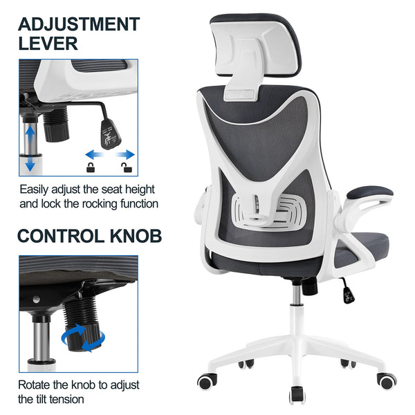 Yaheetech High Back Home Office Chair Ergonomic Swivel Desk Chair with Arms and Height Adjustable Back Support for Home Study or Manager Work White/Pink