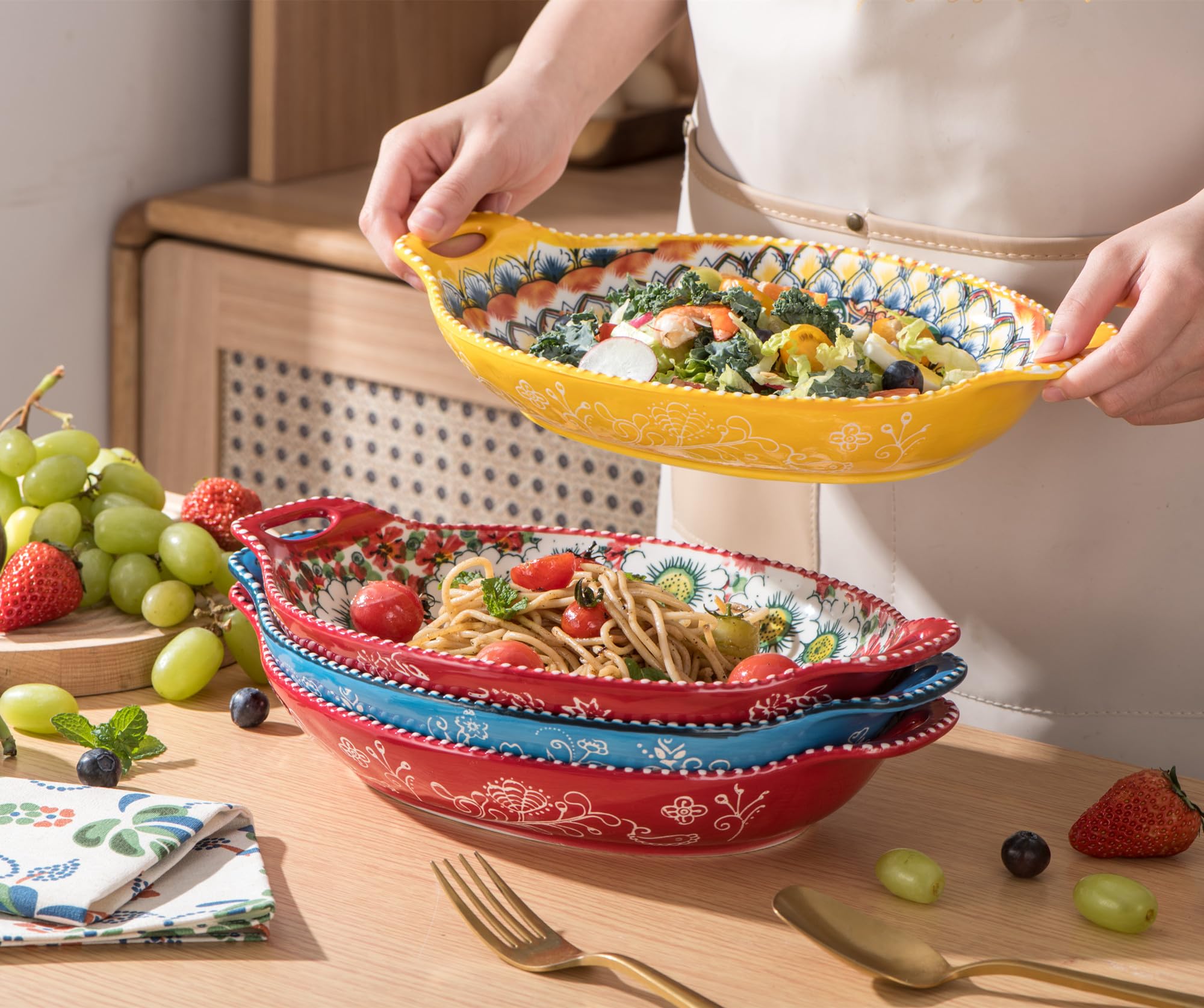 Henten Home Salad Bowl Set of 4, Porcelain Large Pasta Bowl/Fruit Bowls with Handles - 32 OZ, Vibrant Colour Large Bohemian Bowls Serving Dishes for