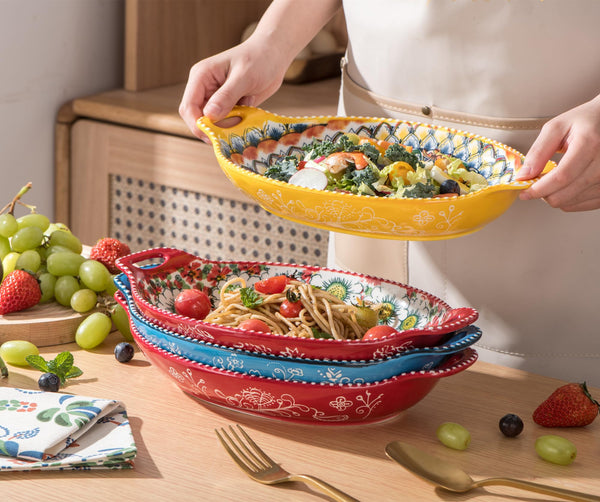 Henten Home Salad Bowl Set of 4, Porcelain Large Pasta Bowl/Fruit Bowls with Handles - 32 OZ, Vibrant Colour Large Bohemian Bowls Serving Dishes for