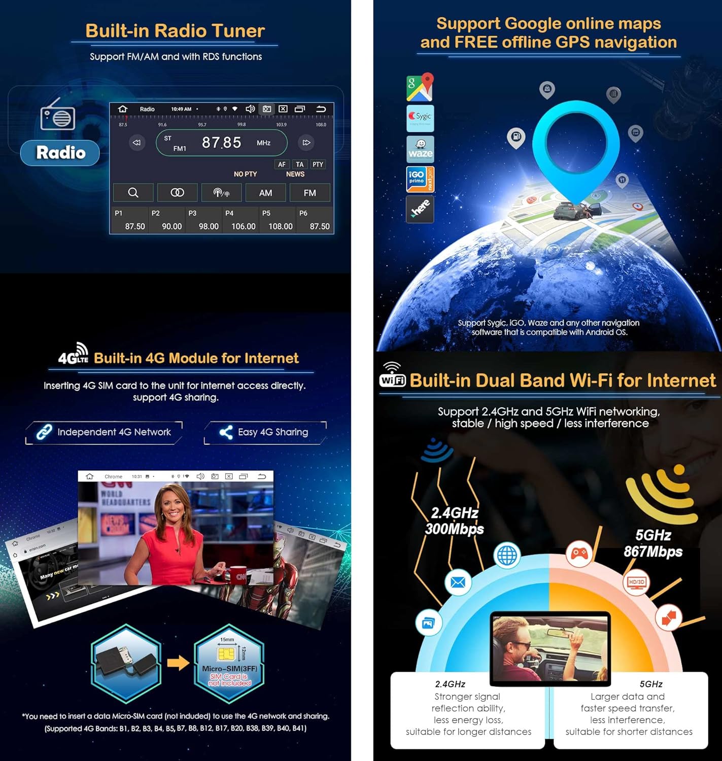 8-Core 4GB RAM 64GB ROM Double Din Android 12 Car Stereo Sat Nav Head Unit Wireless CarPlay Wired Android Auto DAB+ Car Radio Bluetooth DSP WIFI 4G GPS OBD2 TPMS DVR USB RDS