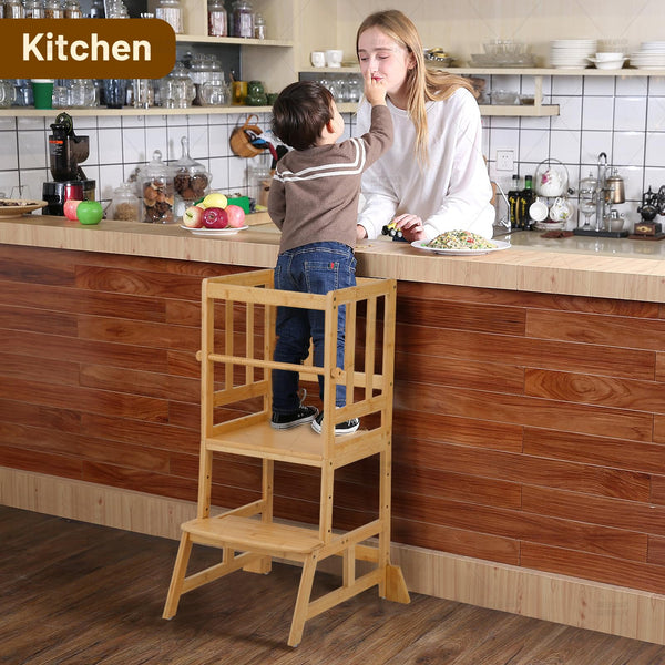 COSYLAND Height Adjustable Kids Kitchen Step Stool with Anti-tip Support Corners - Kids Standing Tower for Kitchen Counter, Bathroom, Nursery (Black)
