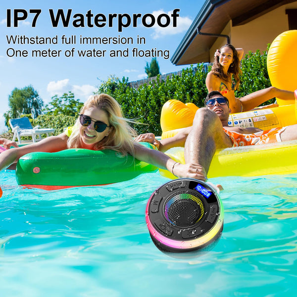 Bluetooth Shower Speaker with IPX7 Waterproof, Bluetooth Speaker with HD Stereo Sound, Built-in Mic Portable Wireless Speaker with Dynamic Lights 10H Playtime, for Outdoor Kitchen Gifts Golf, Black