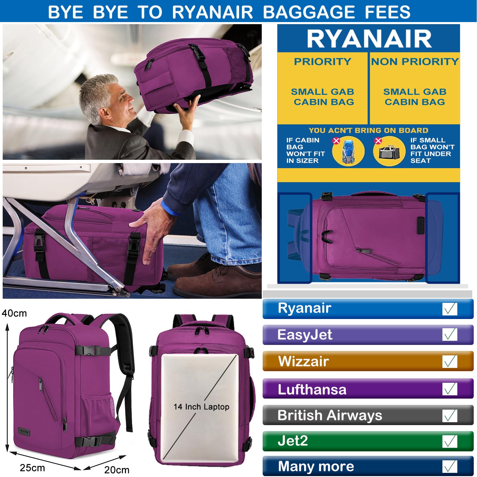 Cabin Bags 40x20x25 for Ryanair Underseat 20L Small Travel Hand Luggage Backpack Carry-ons Bag Cabin Size for Airplanes Flight Bag Travel Rucksack Fit 14 Inch Laptop with USB Charging Port-Black