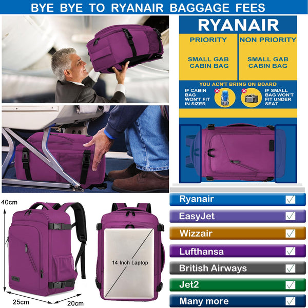 Cabin Bags 40x20x25 for Ryanair Underseat 20L Small Travel Hand Luggage Backpack Carry-ons Bag Cabin Size for Airplanes Flight Bag Travel Rucksack Fit 14 Inch Laptop with USB Charging Port-Black