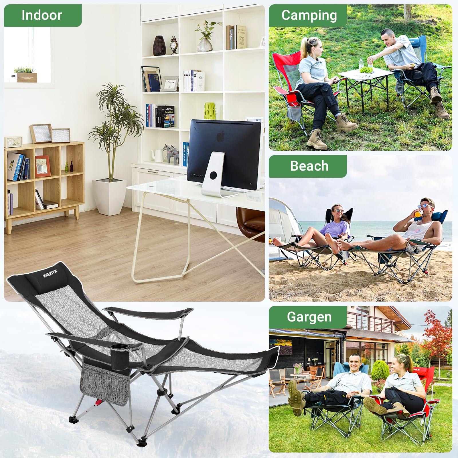 #WEJOY Camping Chairs Folding Recliner Chair Adjustable with Detachable Footrest Headrest Cup Holder Lightweight Portable Reclining Camp Chair Fold Up Chair for Outdoor Beach Garden, Cyan Set of 2