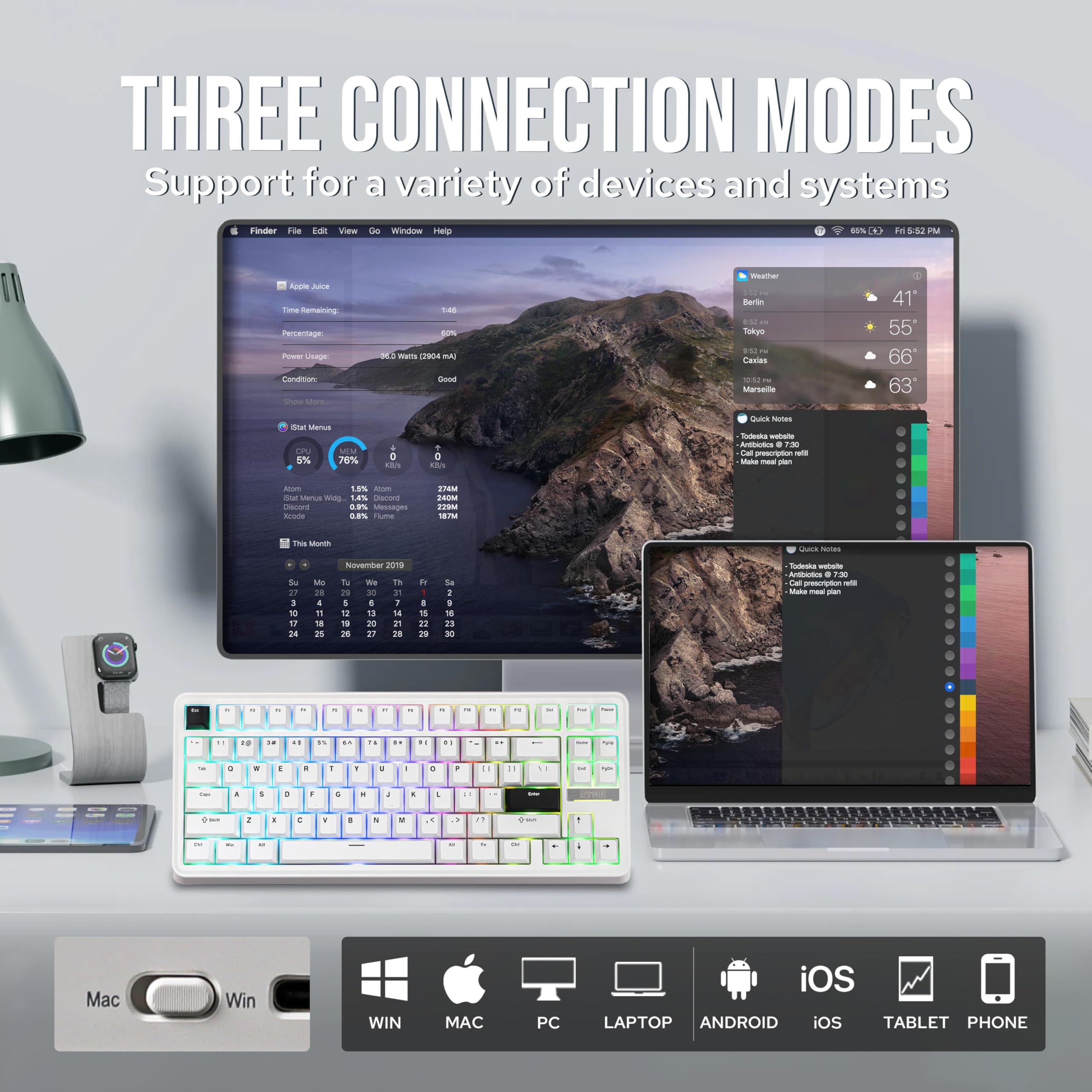 EPOMAKER TH85 QMK/VIA Mechanical Gaming Keyboard, BT/2.4Ghz Wireless, RGB, Hot-Swappable & Programmable Keys in US 75% Layout (Black&White, Creamy Jade Switch)