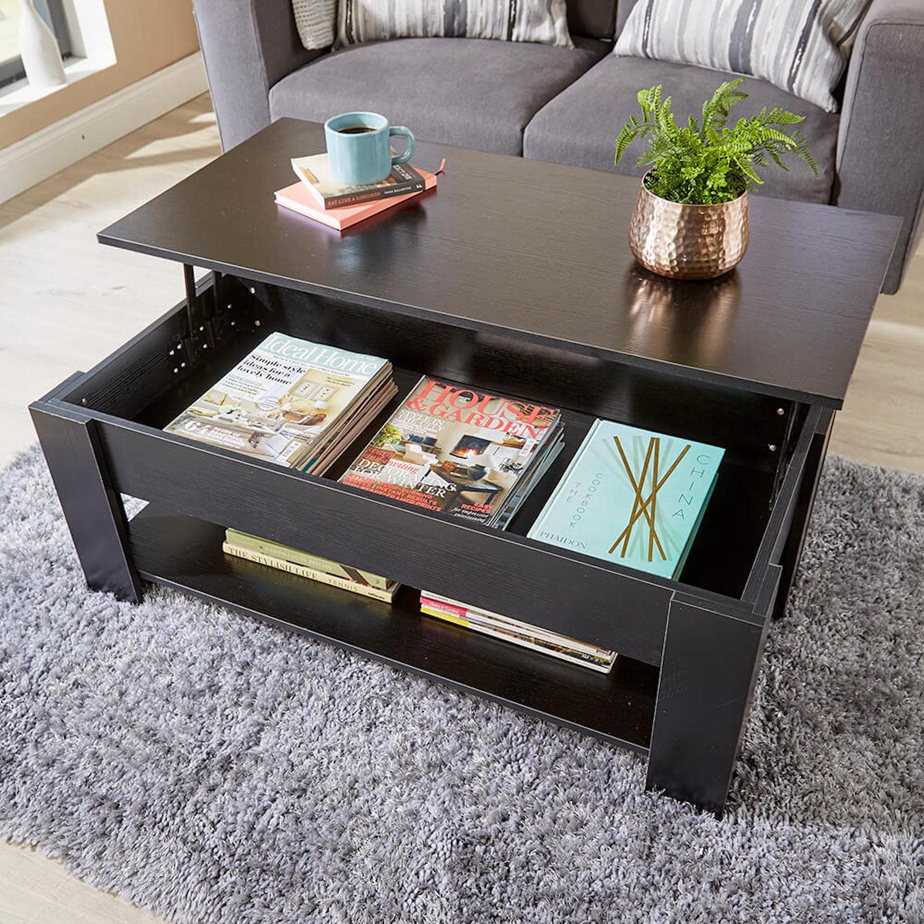 Home Source Coffee Table with Lift Up Top Storage Area and Magazine Shelf, Black