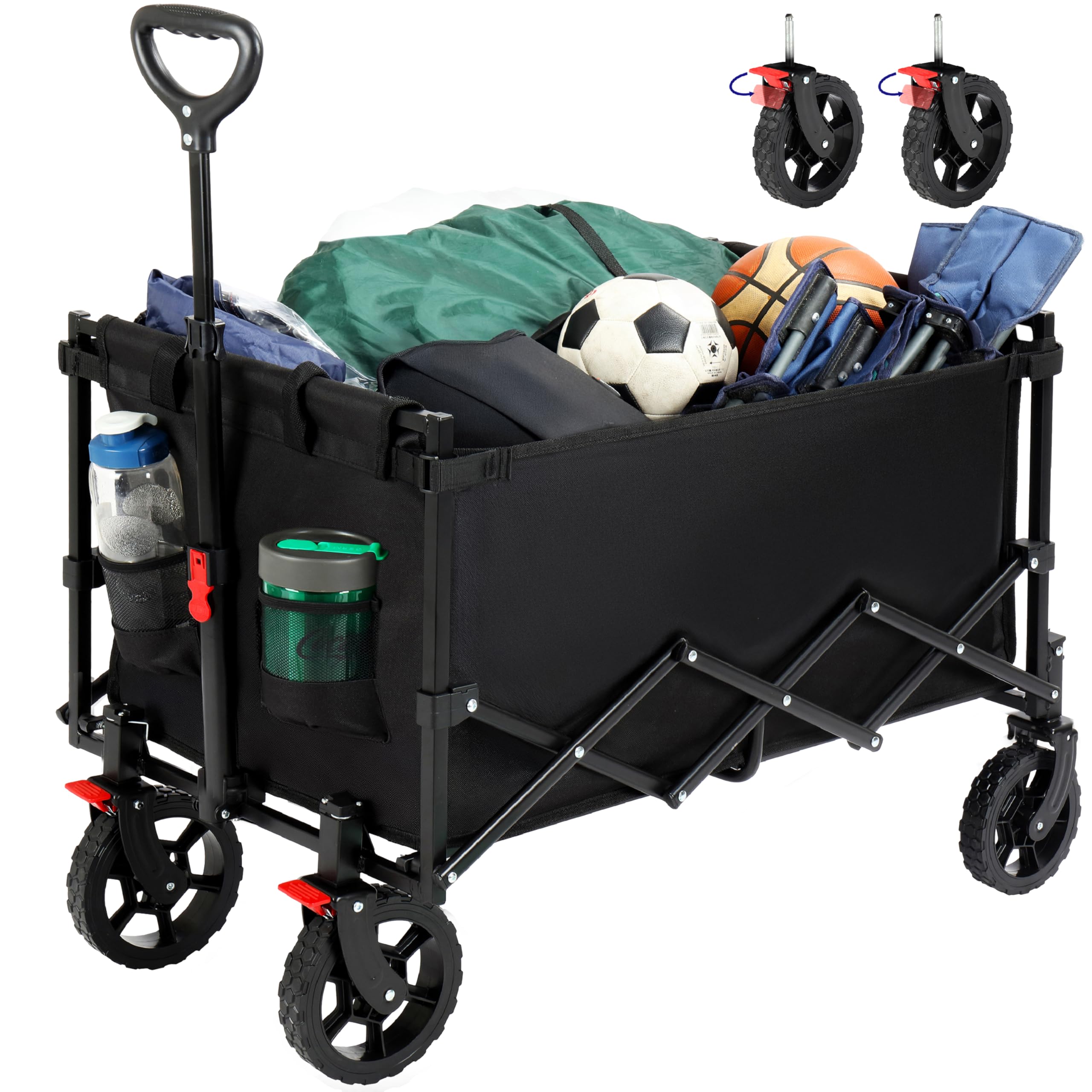 Finnhomy 150L Folding Camping Trolley with Brake, Collapsible Festival Trolley with Removable Wheels, 150KGs Capacity with Drink Holders