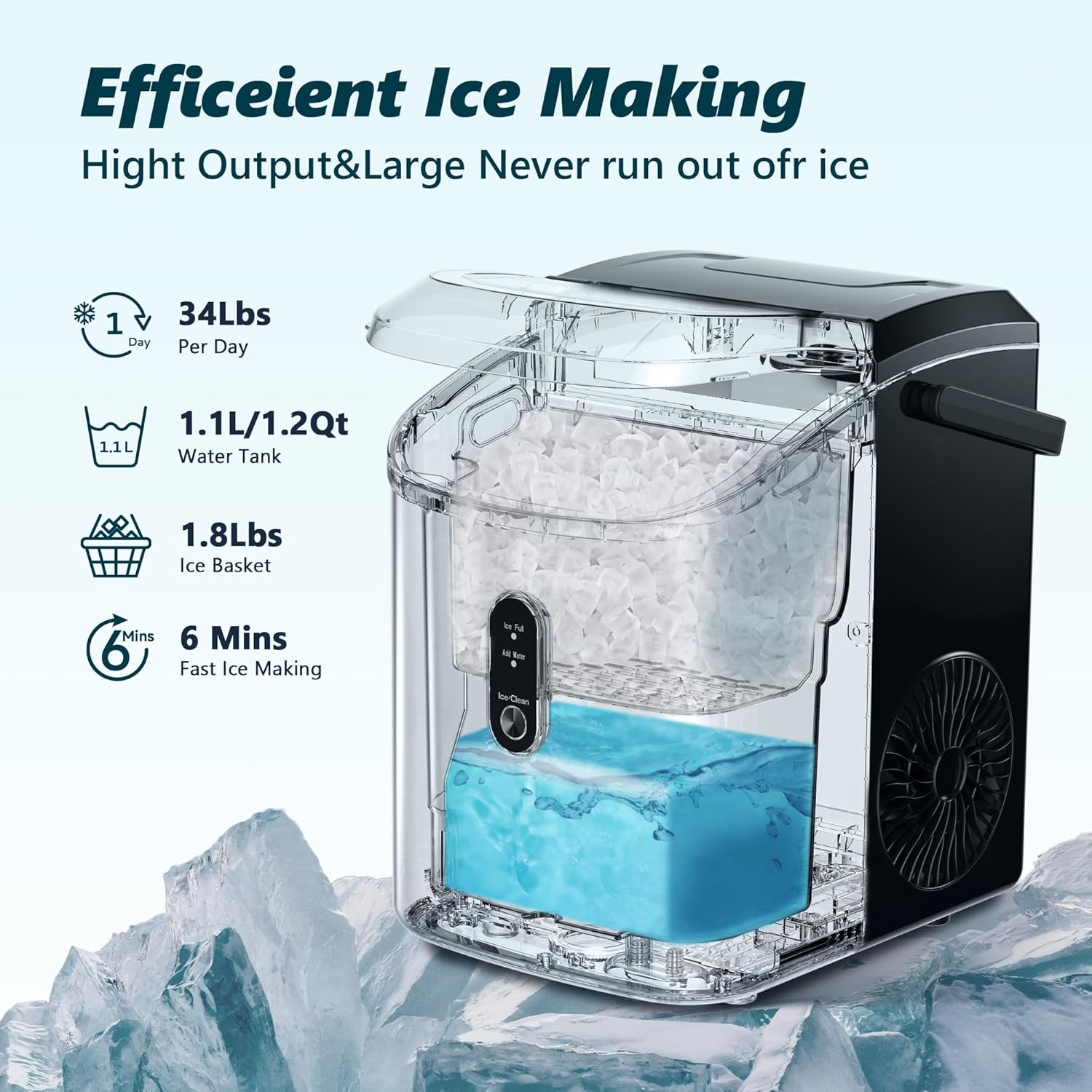 Ice Maker Machine Countertop Ice Cube Maker with Portable Handle, 9 Ice Cubes in 6 Mins, Self-Cleaning Compact Ice Maker 12 kg in 24 Hrs, with Ice Scoop and Basket for Home/Kitchen/Office/Bar