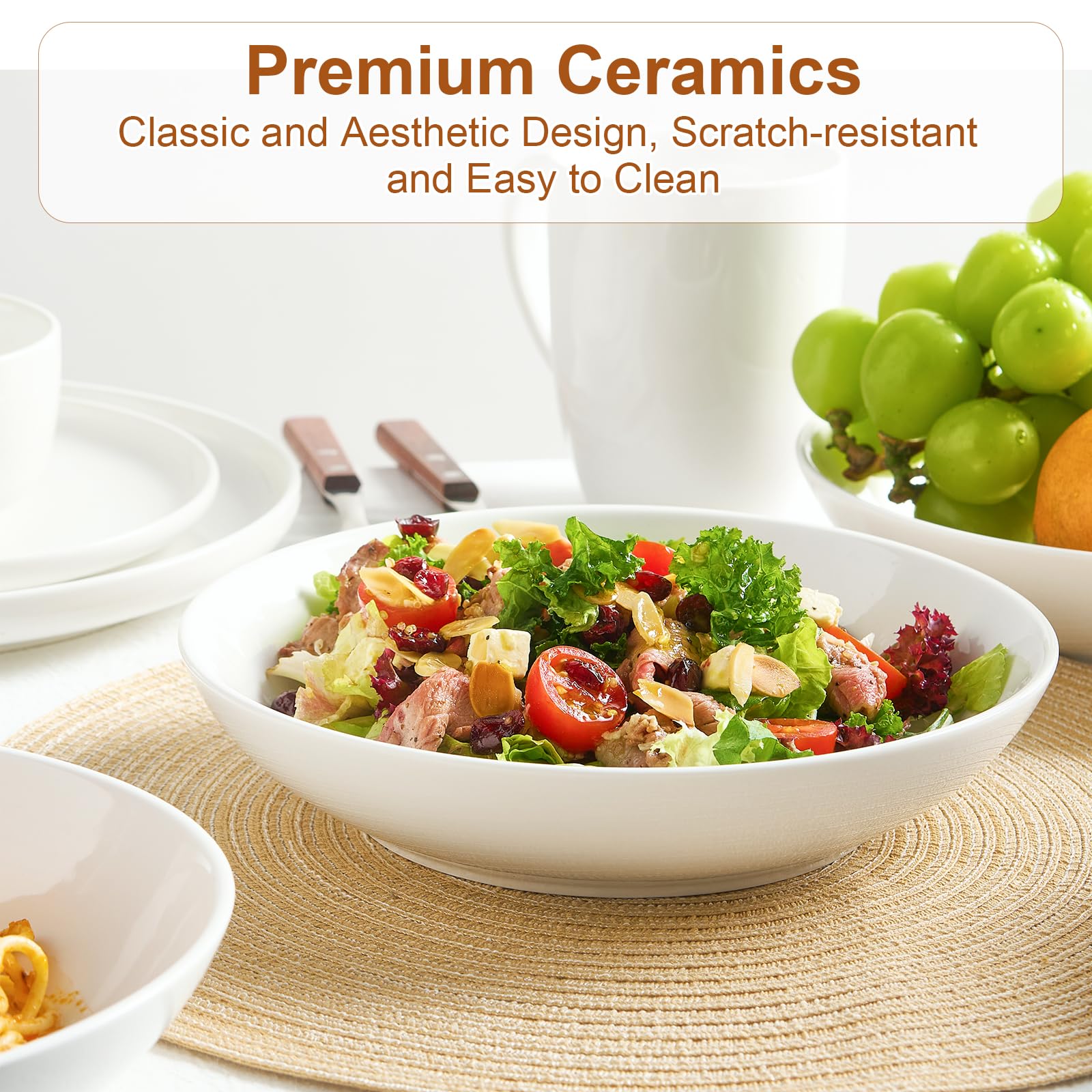 Jassceram 9.84'' Ceramic Pasta Bowls Set of 4, 50oz Large Porcelain Salad Bowl Serving for Cereal Soup Steak Noodle Wide Kitchen Dinnerware Plates -