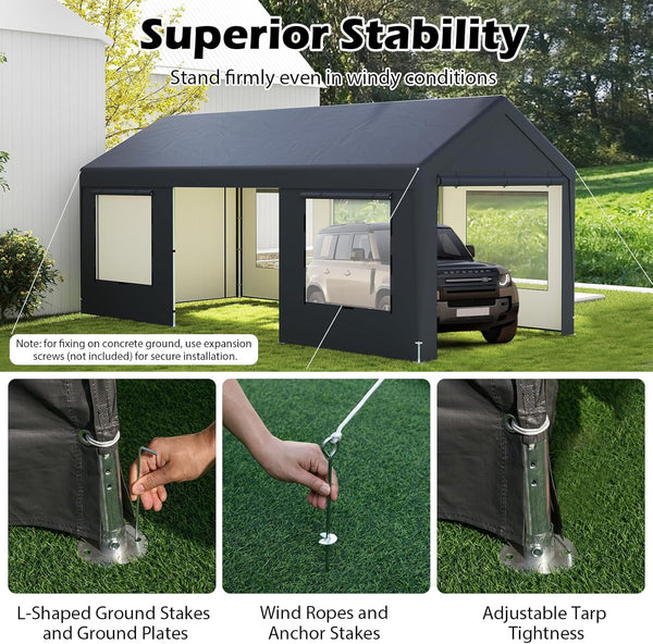 COSTWAY 3mx6m Carport, Heavy Duty Galvanized Car Canopy with 8 Removable Sidewalls & Adjustable Tarp, UV Resistant Waterproof Garage Boat Shelter Party Tent for Outdoor Garden