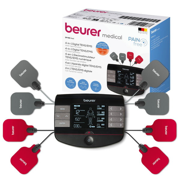 Beurer EM59 Digital TENS/EMS Device with Heat, 4-in-1 stimulation device for pain therapy, muscle stimulation, massage and heat therapy, 4 electrodes, 70 programmes, 50 intensity levels